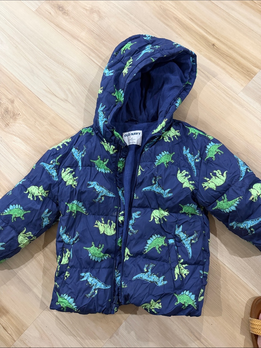 Old Navy Navy Blue Puffer Jacket with Green & Light Blue Dinosaur Print